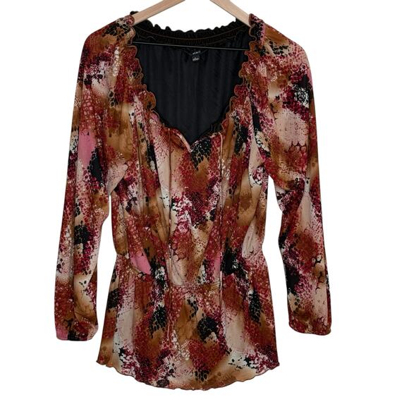 Elementz Earth Tones Deep V Neck Ruffled Cinched Long Sleeve Romantic Blouse - Picture 1 of 7